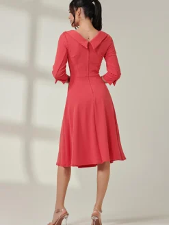 Jolie Moi Occasion Dresses|Weekend Casuals-Fold Neckline Sleeved Midi Dress, Watermelon