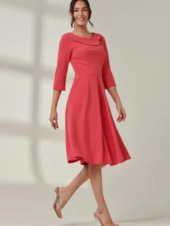 Jolie Moi Occasion Dresses|Weekend Casuals-Fold Neckline Sleeved Midi Dress, Watermelon