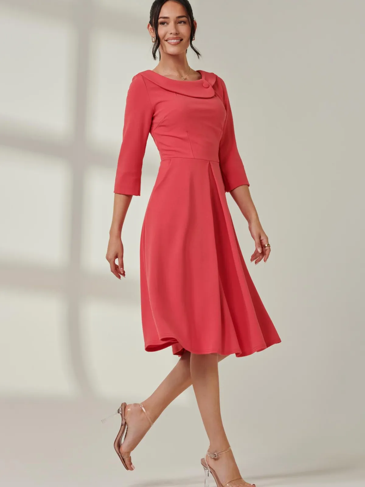 Jolie Moi Occasion Dresses|Weekend Casuals-Fold Neckline Sleeved Midi Dress, Watermelon