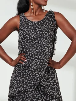 Jolie Moi Occasion Dresses|Sleeveless Dresses-Frill Chiffon Mini Swing Dress, Black Ditsy