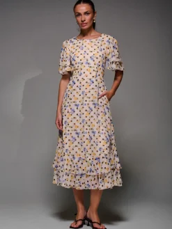 Jolie Moi Occasion Dresses|Floral Dresses-Frill Detail Chiffon Midaxi Dress, Beige Spot