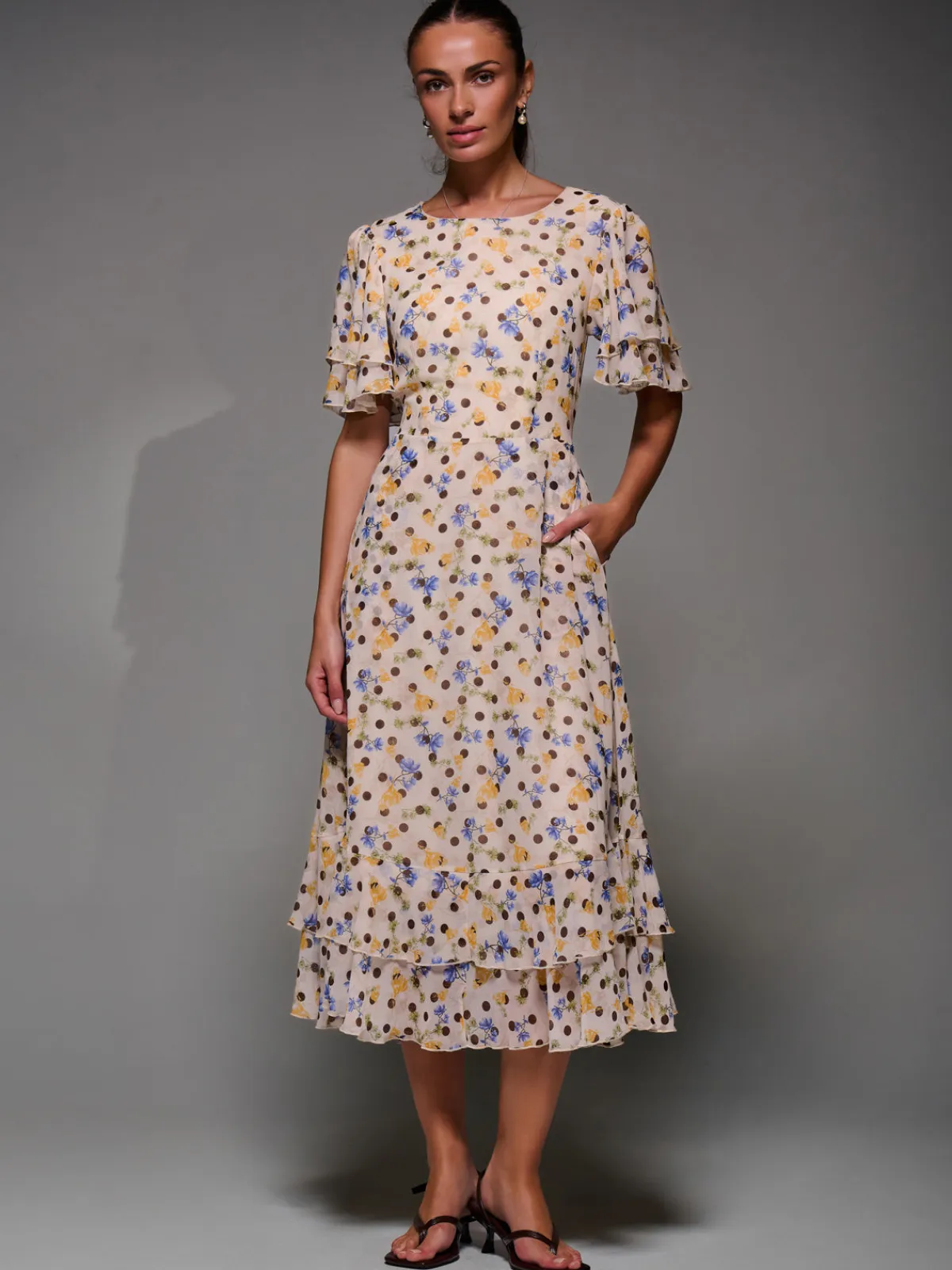 Jolie Moi Occasion Dresses|Floral Dresses-Frill Detail Chiffon Midaxi Dress, Beige Spot