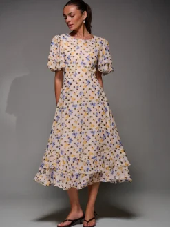 Jolie Moi Occasion Dresses|Floral Dresses-Frill Detail Chiffon Midaxi Dress, Beige Spot
