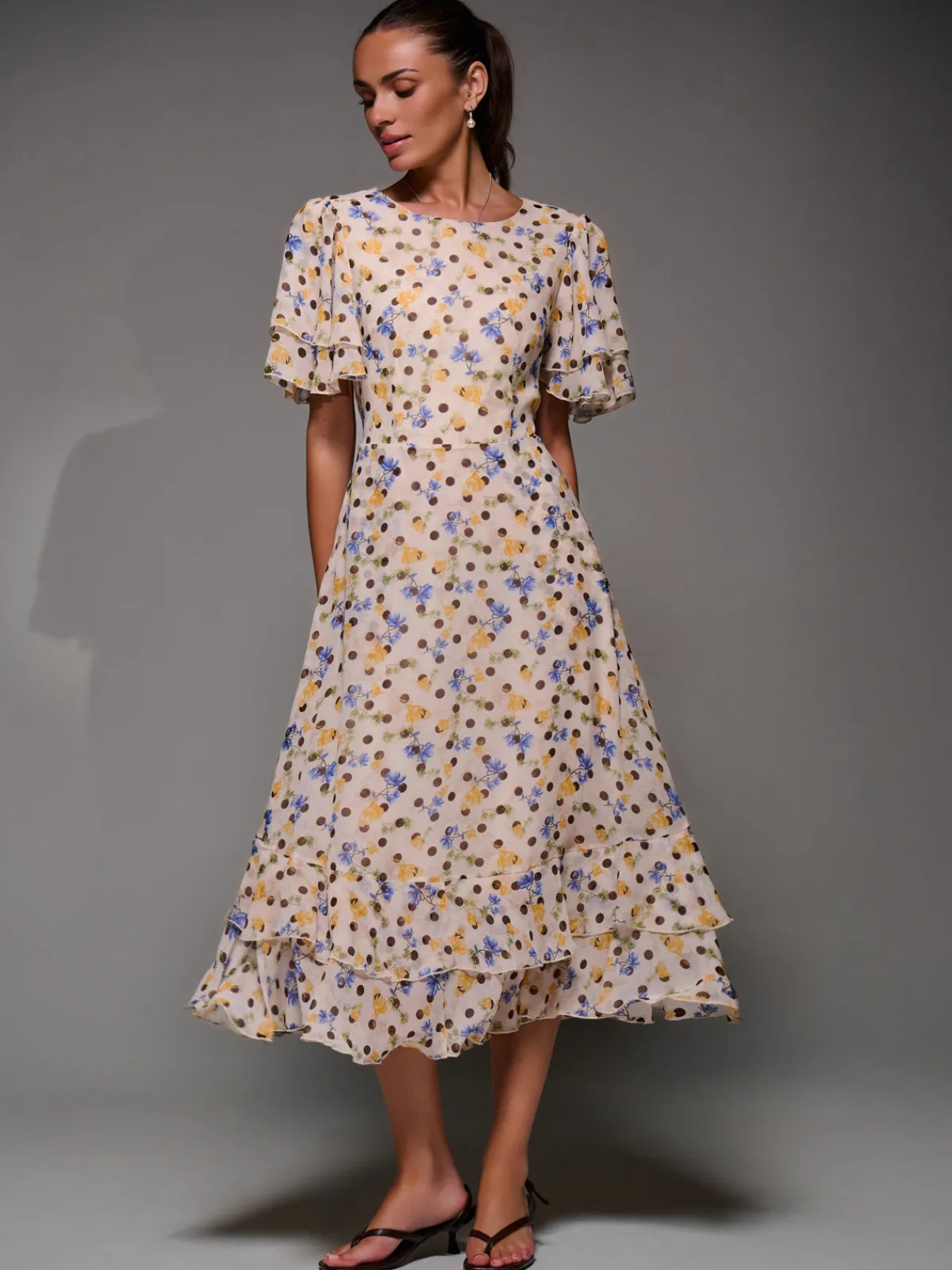 Jolie Moi Occasion Dresses|Floral Dresses-Frill Detail Chiffon Midaxi Dress, Beige Spot