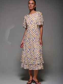 Jolie Moi Occasion Dresses|Floral Dresses-Frill Detail Chiffon Midaxi Dress, Beige Spot