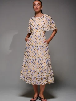 Jolie Moi Occasion Dresses|Floral Dresses-Frill Detail Chiffon Midaxi Dress, Beige Spot