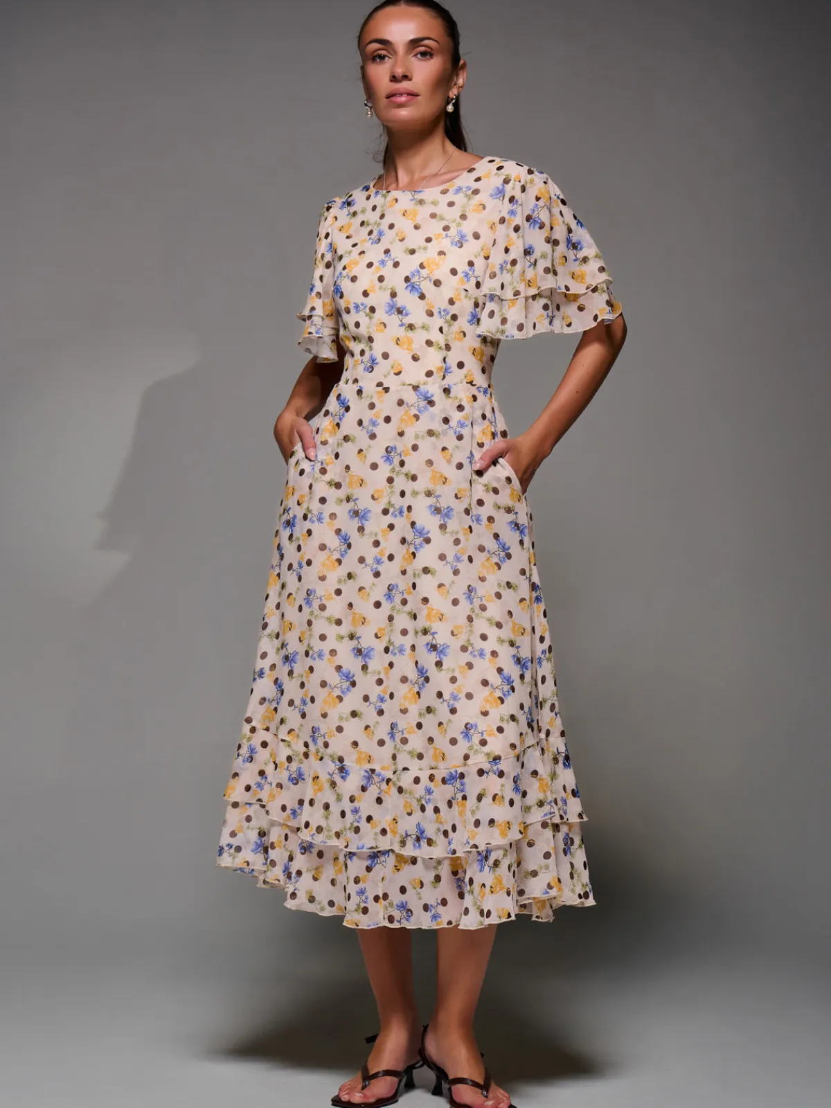 Jolie Moi Occasion Dresses|Floral Dresses-Frill Detail Chiffon Midaxi Dress, Beige Spot