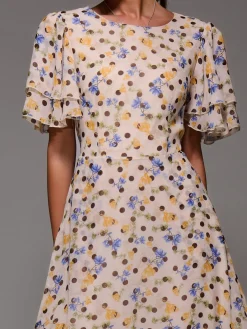 Jolie Moi Occasion Dresses|Floral Dresses-Frill Detail Chiffon Midaxi Dress, Beige Spot