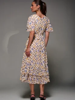 Jolie Moi Occasion Dresses|Floral Dresses-Frill Detail Chiffon Midaxi Dress, Beige Spot