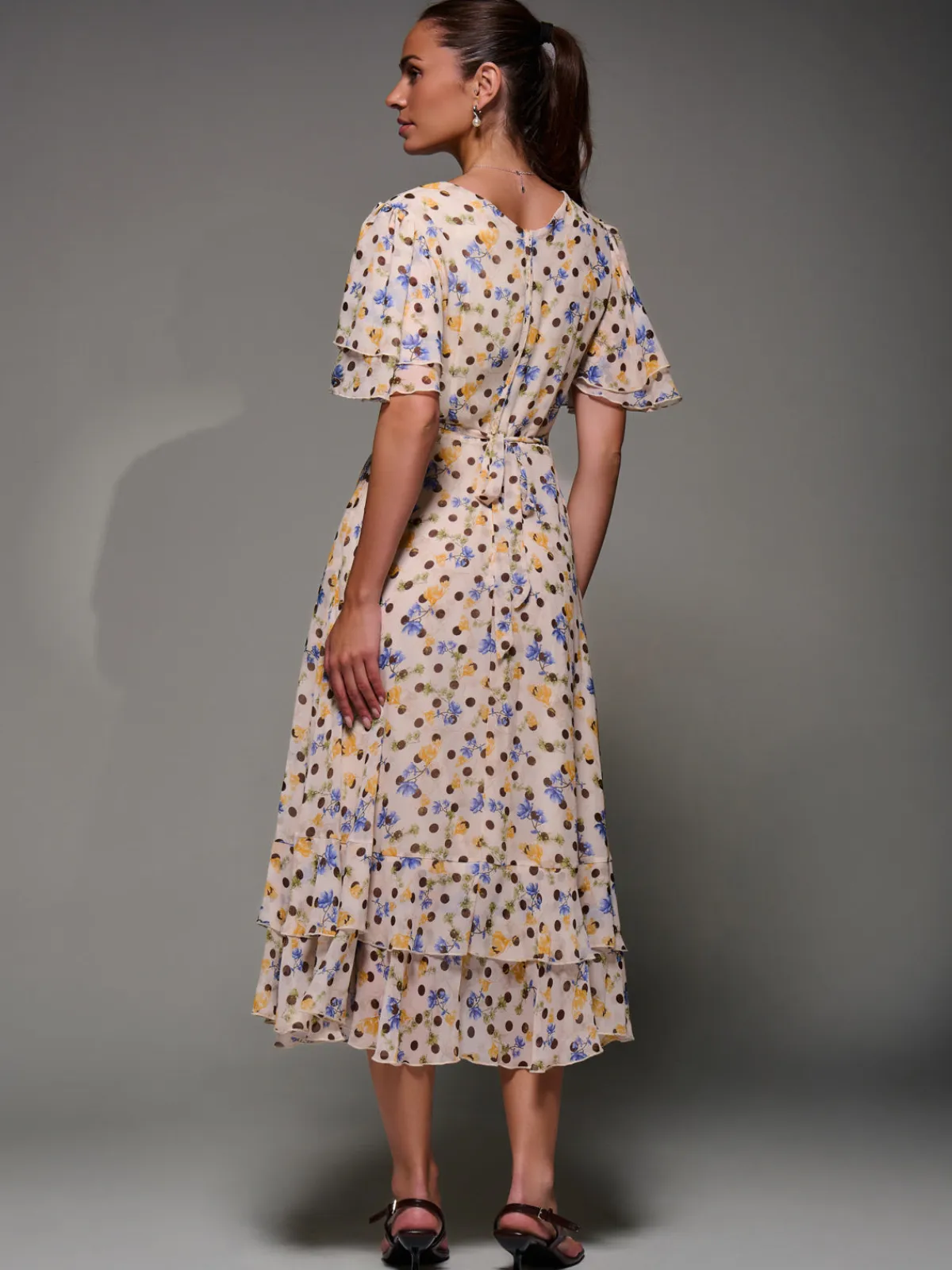 Jolie Moi Occasion Dresses|Floral Dresses-Frill Detail Chiffon Midaxi Dress, Beige Spot