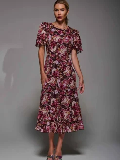 Jolie Moi Occasion Dresses|Floral Dresses- Frill Detail Chiffon Midaxi Dress Burgundy Floral