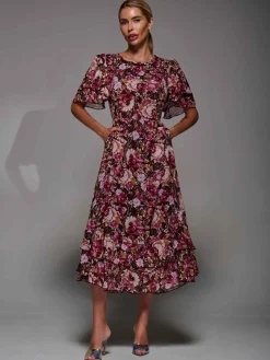 Jolie Moi Occasion Dresses|Floral Dresses- Frill Detail Chiffon Midaxi Dress Burgundy Floral