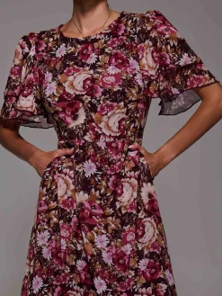 Jolie Moi Occasion Dresses|Floral Dresses- Frill Detail Chiffon Midaxi Dress Burgundy Floral