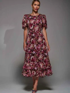 Jolie Moi Occasion Dresses|Floral Dresses- Frill Detail Chiffon Midaxi Dress Burgundy Floral