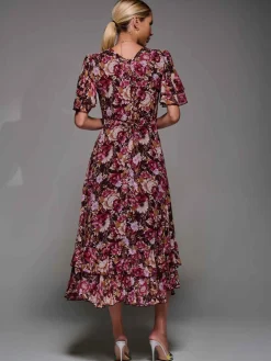 Jolie Moi Occasion Dresses|Floral Dresses- Frill Detail Chiffon Midaxi Dress Burgundy Floral