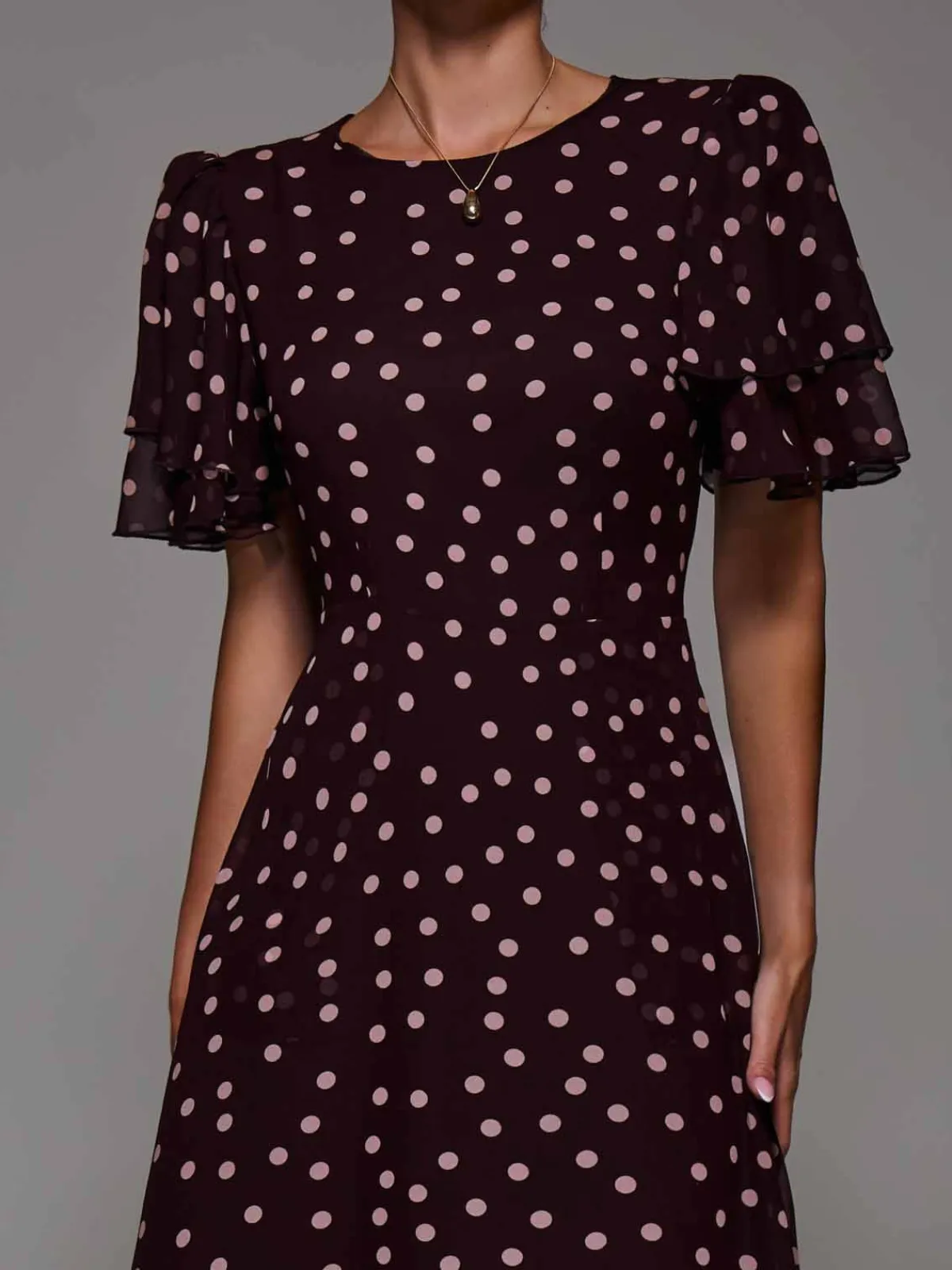 Jolie Moi Occasion Dresses- Frill Detail Chiffon Midaxi Dress Burgundy Spot