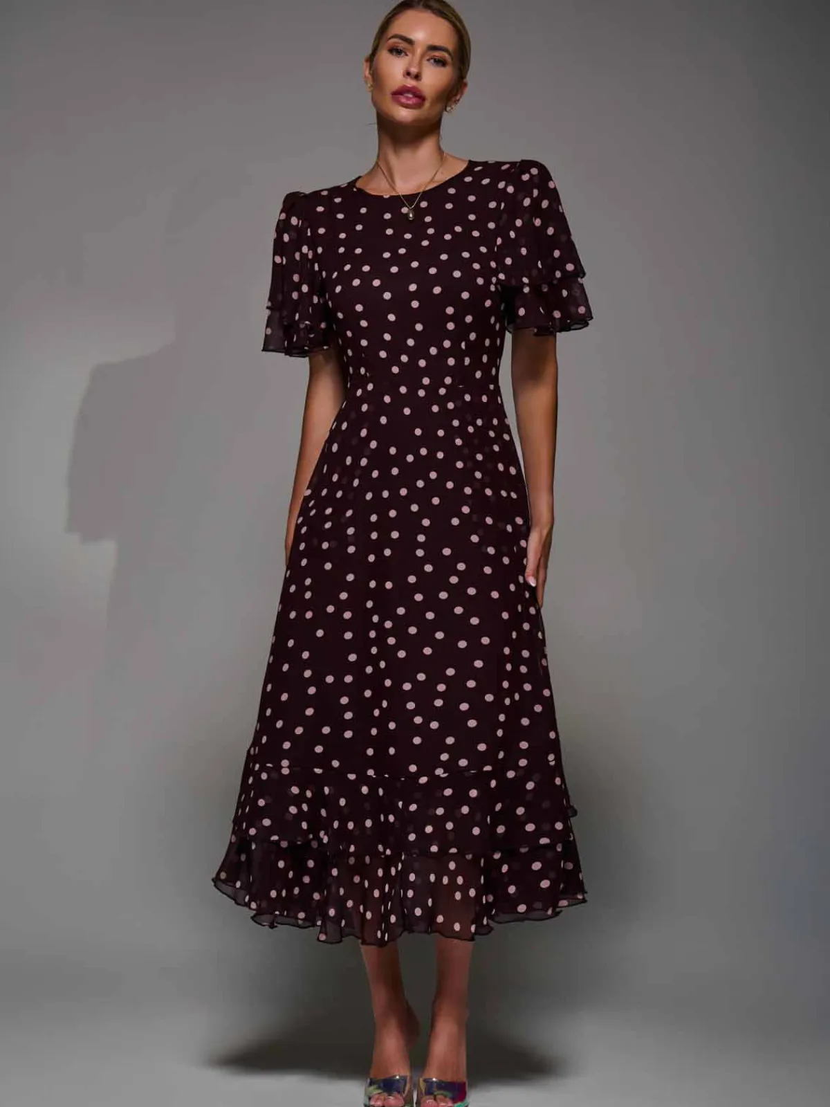 Jolie Moi Occasion Dresses- Frill Detail Chiffon Midaxi Dress Burgundy Spot
