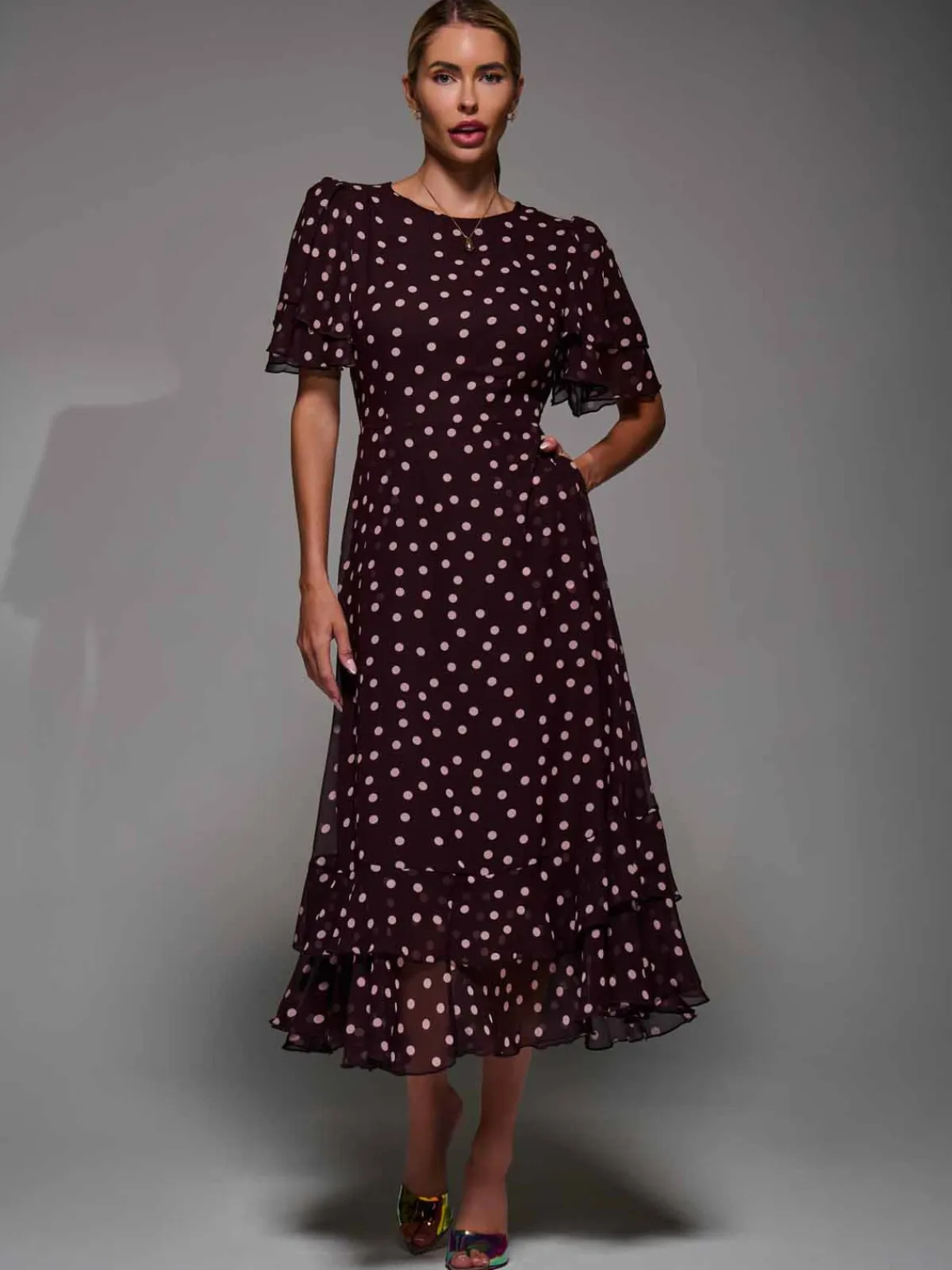 Jolie Moi Occasion Dresses- Frill Detail Chiffon Midaxi Dress Burgundy Spot