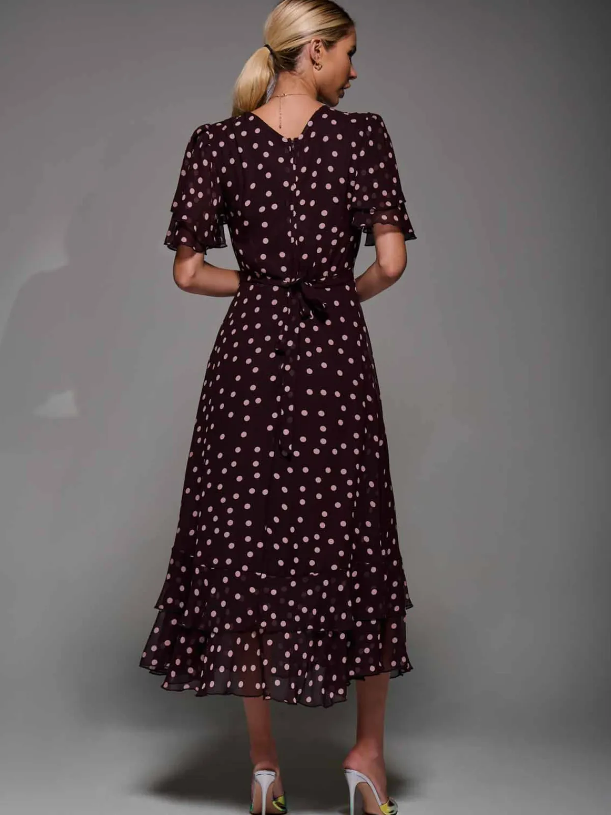 Jolie Moi Occasion Dresses- Frill Detail Chiffon Midaxi Dress Burgundy Spot