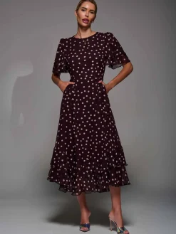 Jolie Moi Occasion Dresses- Frill Detail Chiffon Midaxi Dress Burgundy Spot