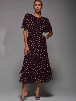 Jolie Moi Occasion Dresses- Frill Detail Chiffon Midaxi Dress Burgundy Spot