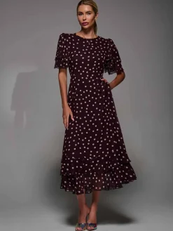 Jolie Moi Occasion Dresses- Frill Detail Chiffon Midaxi Dress Burgundy Spot