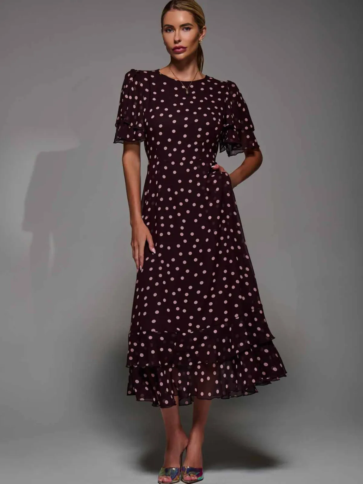 Jolie Moi Occasion Dresses- Frill Detail Chiffon Midaxi Dress Burgundy Spot