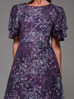 Jolie Moi Occasion Dresses|Floral Dresses-Frill Detail Chiffon Midaxi Dress, Purple Abstract