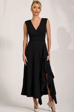 Jolie Moi Occasion Dresses|Party Dresses-Frill Detail Wrap Sleeveless Midaxi Dress, Black