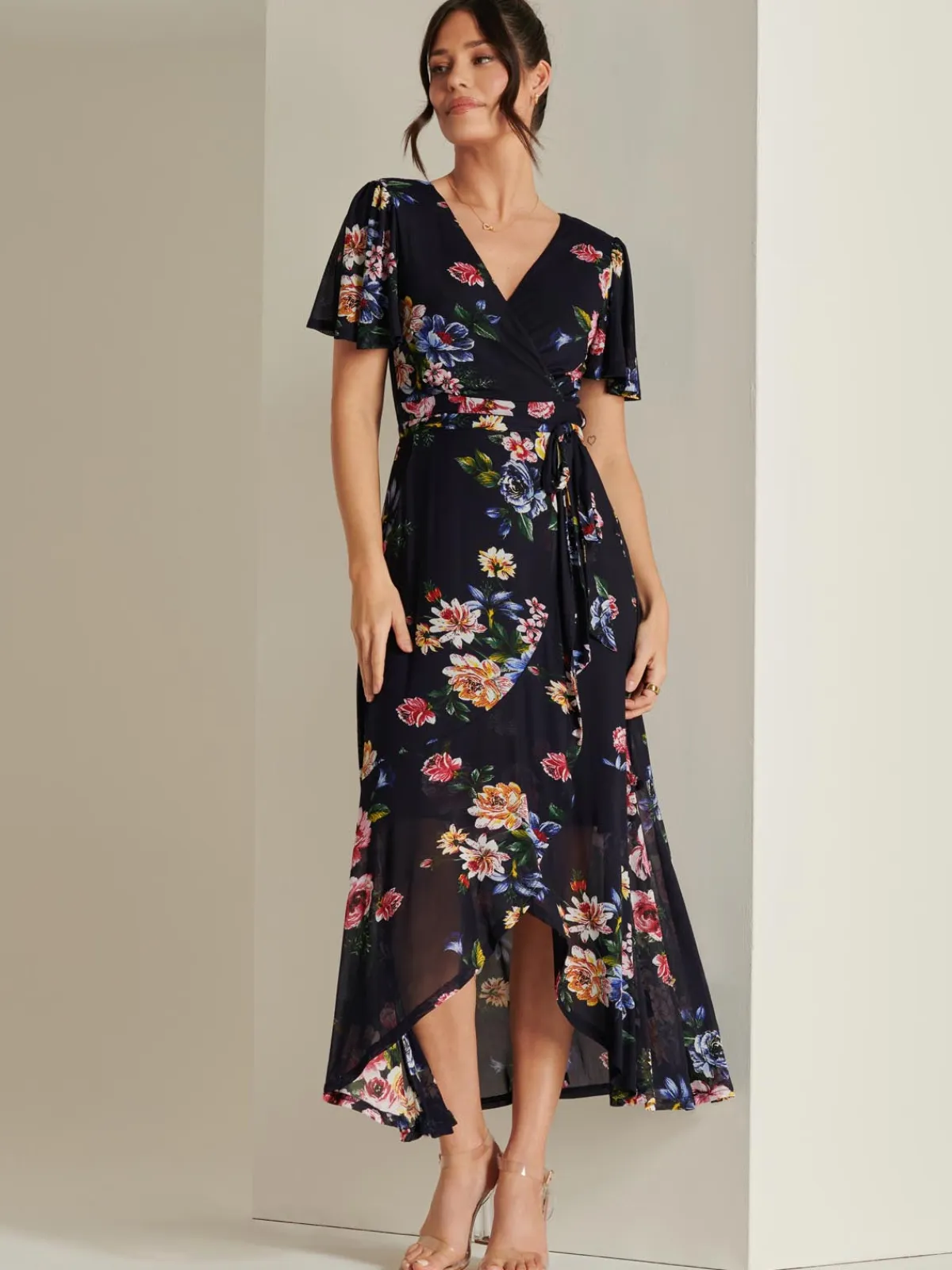 Jolie Moi Occasion Dresses|Floral Dresses-Frill Dip Hem Mesh Maxi Dress, Navy Floral