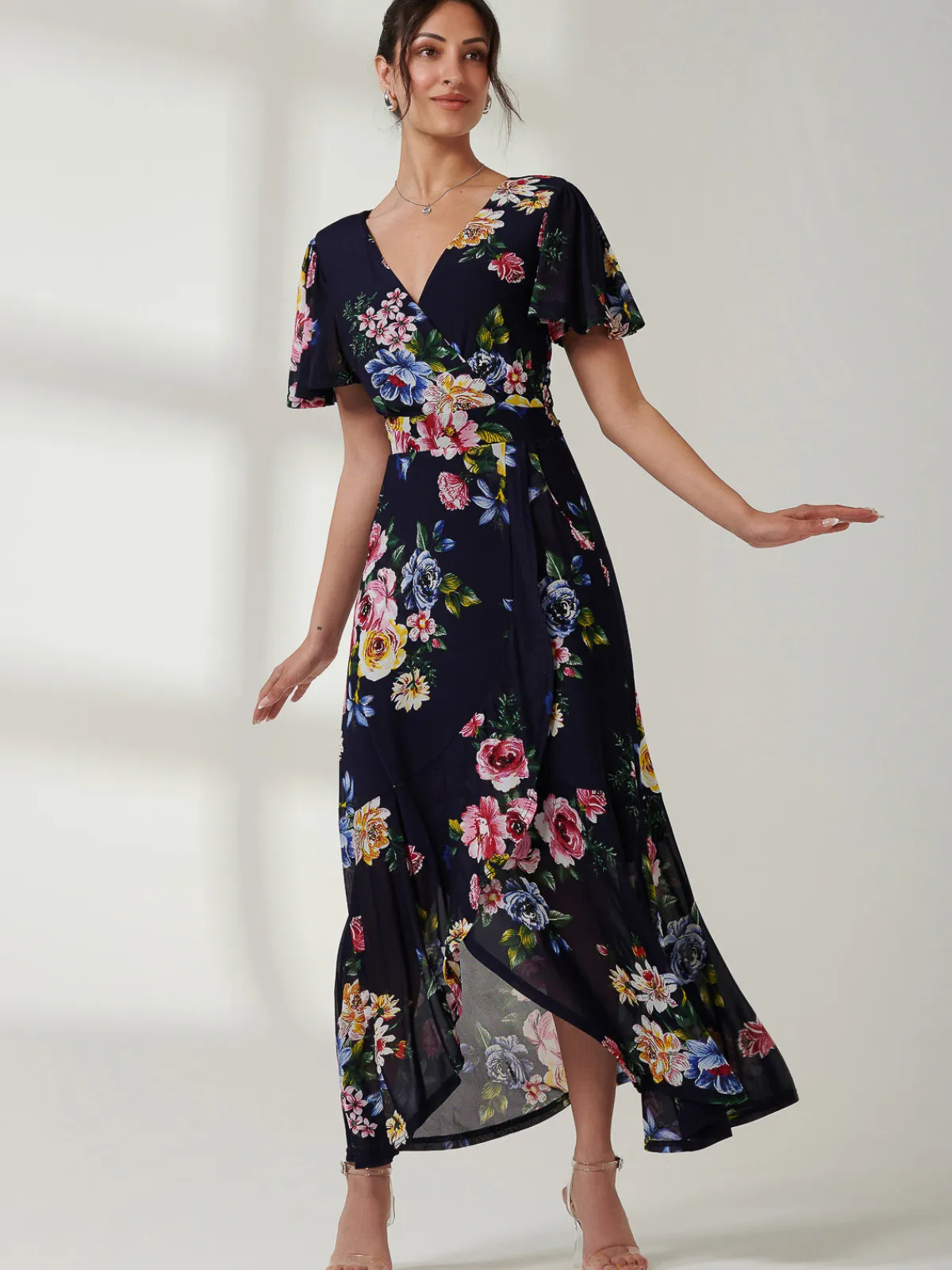 Jolie Moi Occasion Dresses|Floral Dresses-Frill Dip Hem Mesh Maxi Dress, Navy Floral