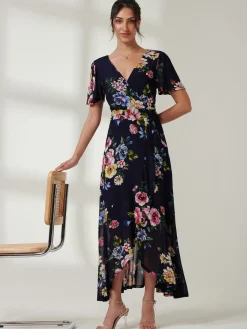 Jolie Moi Occasion Dresses|Floral Dresses-Frill Dip Hem Mesh Maxi Dress, Navy Floral