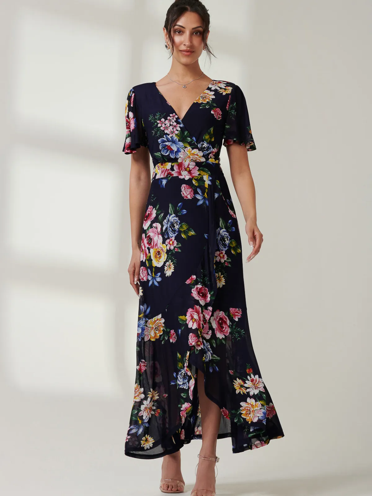 Jolie Moi Occasion Dresses|Floral Dresses-Frill Dip Hem Mesh Maxi Dress, Navy Floral