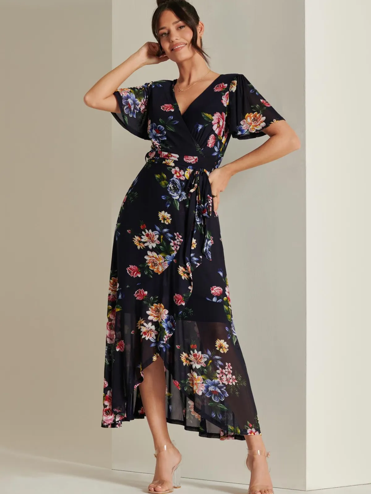 Jolie Moi Occasion Dresses|Floral Dresses-Frill Dip Hem Mesh Maxi Dress, Navy Floral