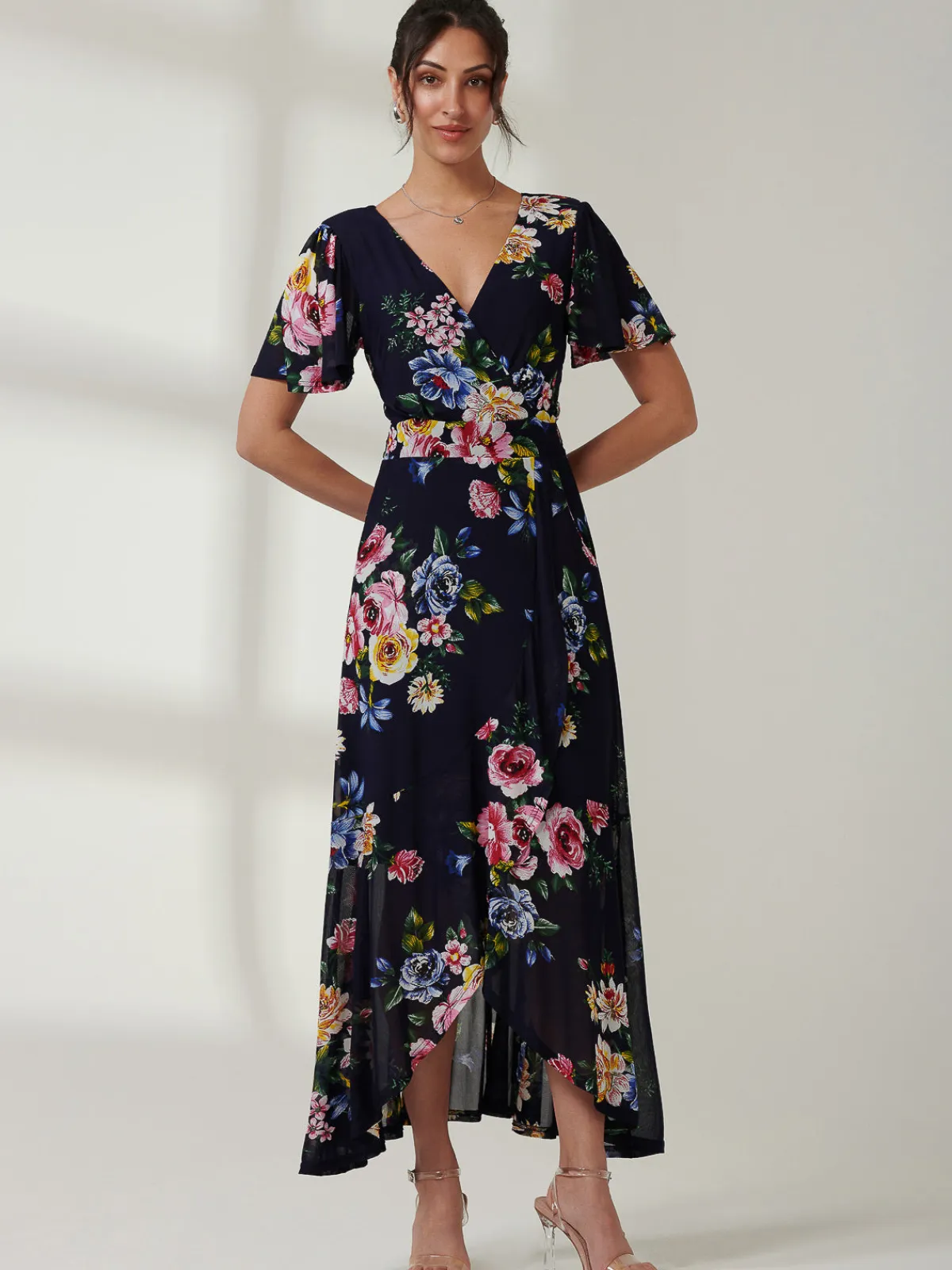 Jolie Moi Occasion Dresses|Floral Dresses-Frill Dip Hem Mesh Maxi Dress, Navy Floral