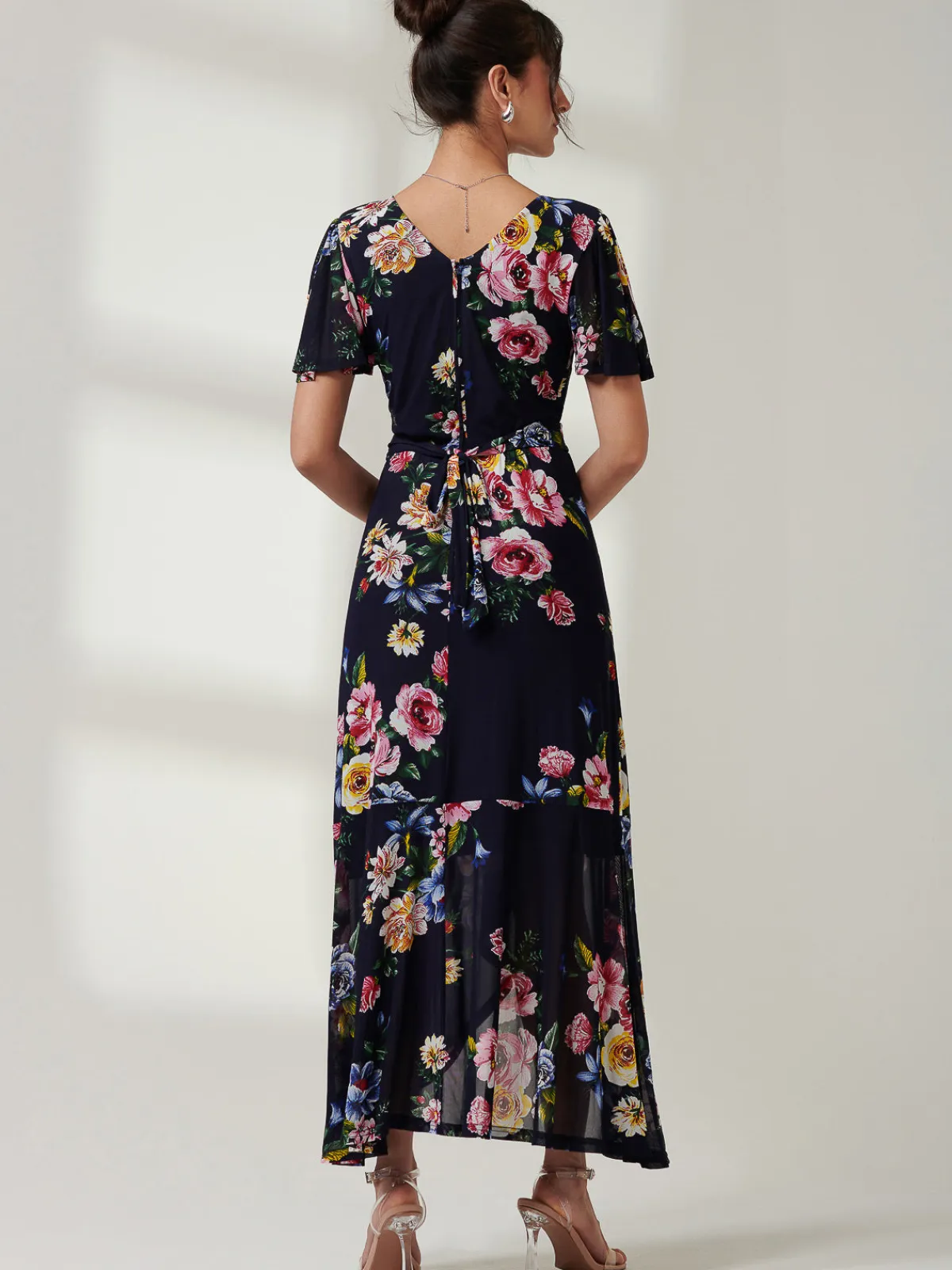 Jolie Moi Occasion Dresses|Floral Dresses-Frill Dip Hem Mesh Maxi Dress, Navy Floral