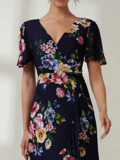 Jolie Moi Occasion Dresses|Floral Dresses-Frill Dip Hem Mesh Maxi Dress, Navy Floral