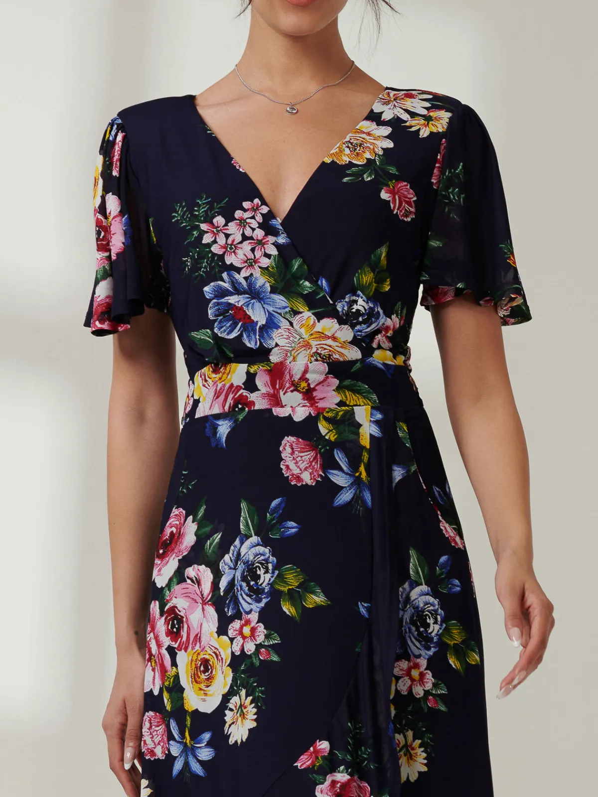 Jolie Moi Occasion Dresses|Floral Dresses-Frill Dip Hem Mesh Maxi Dress, Navy Floral
