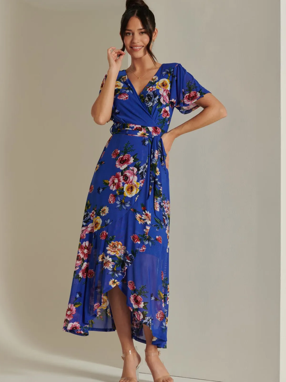 Jolie Moi Occasion Dresses|Mesh Dresses-Frill Dip Hem Mesh Maxi Dress, Royal Floral