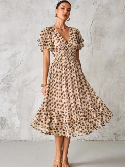 Jolie Moi Occasion Dresses|Animal Print Dresses-Frill Hem Chiffon Midi Dress, Brown Animal