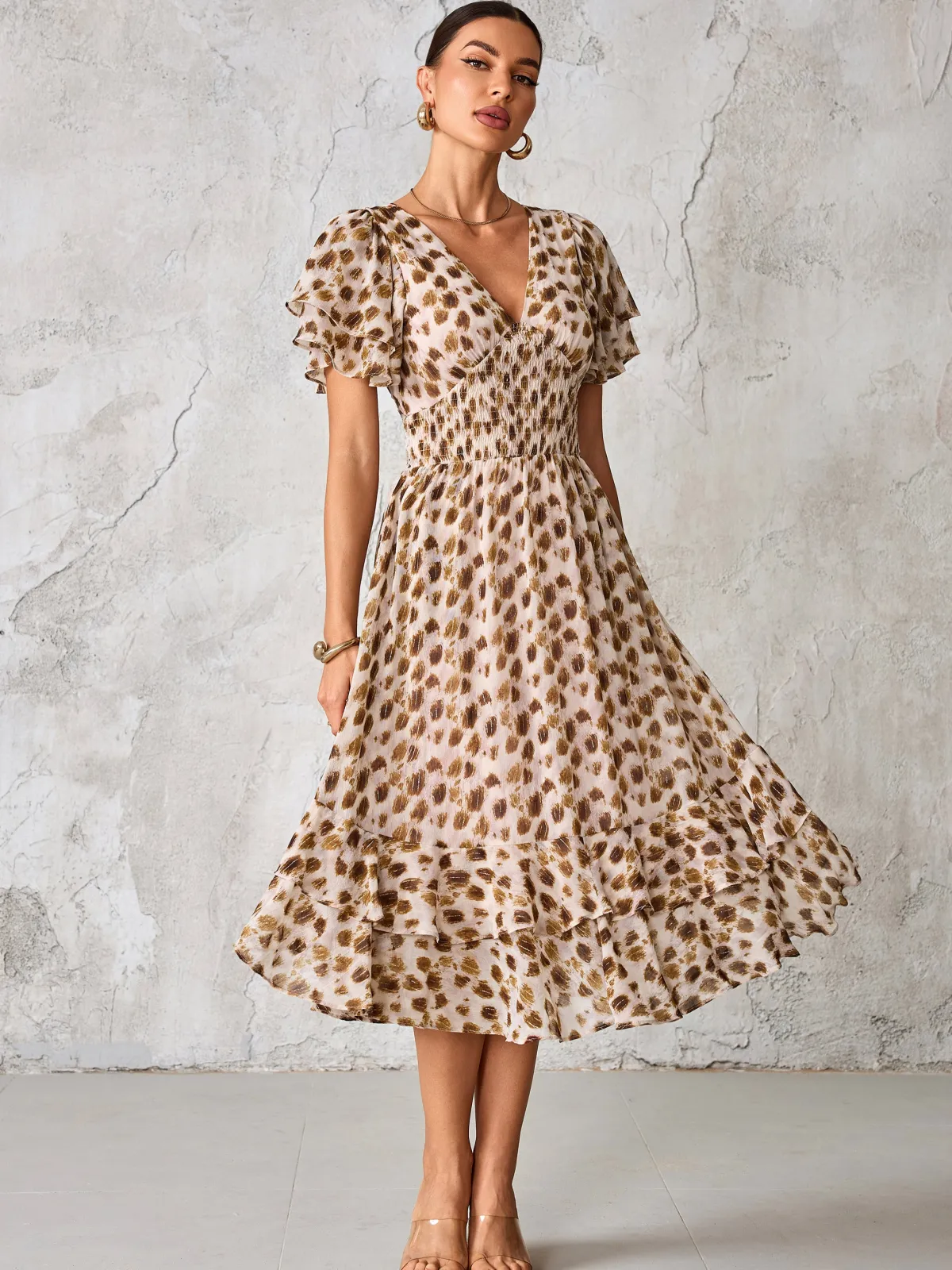 Jolie Moi Occasion Dresses|Animal Print Dresses-Frill Hem Chiffon Midi Dress, Brown Animal