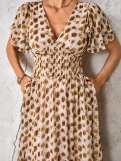 Jolie Moi Occasion Dresses|Animal Print Dresses-Frill Hem Chiffon Midi Dress, Brown Animal