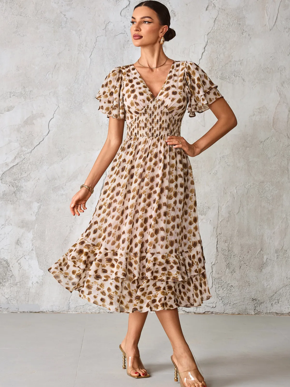Jolie Moi Occasion Dresses|Animal Print Dresses-Frill Hem Chiffon Midi Dress, Brown Animal