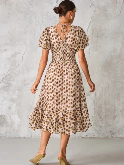 Jolie Moi Occasion Dresses|Animal Print Dresses-Frill Hem Chiffon Midi Dress, Brown Animal
