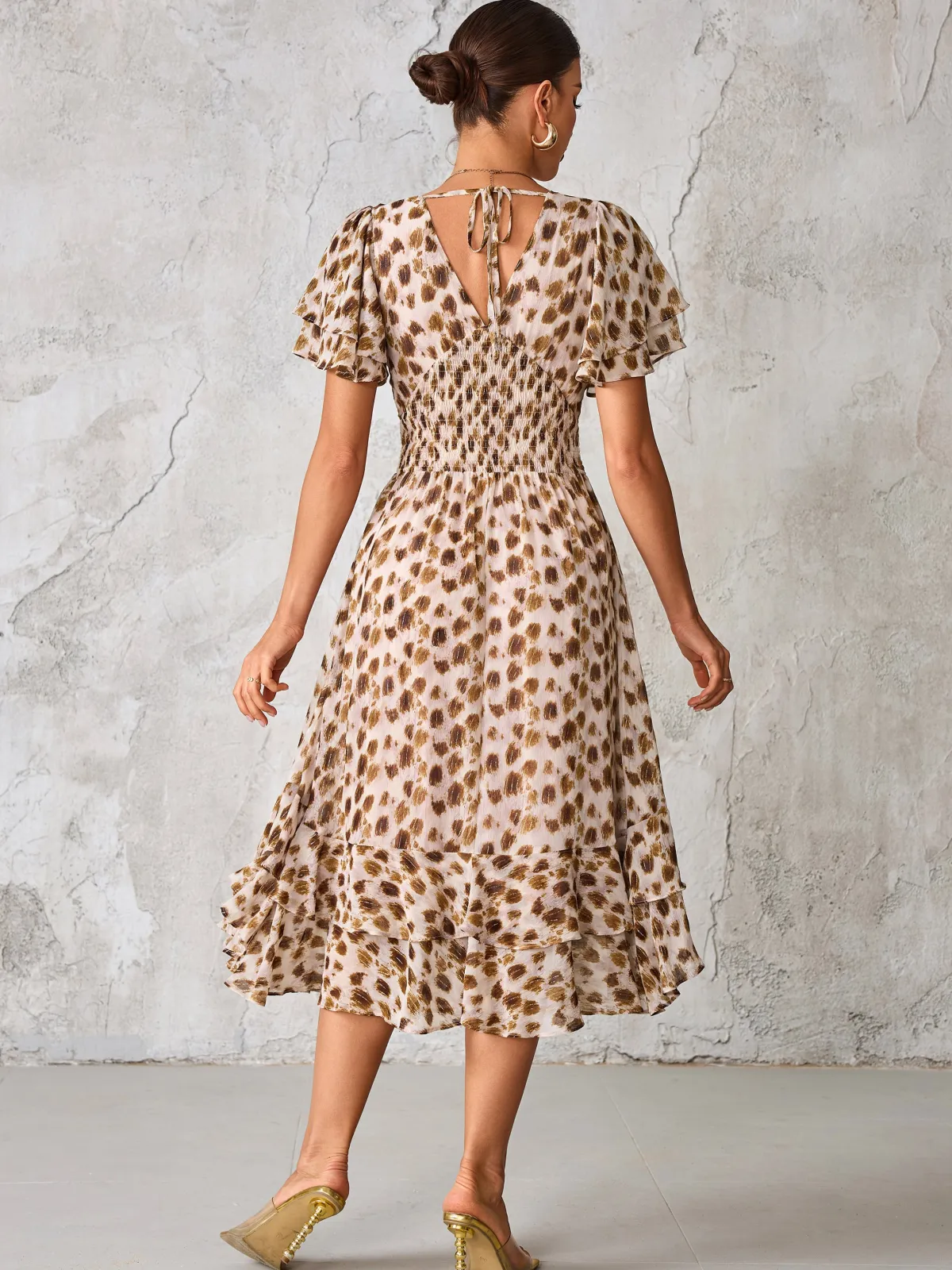 Jolie Moi Occasion Dresses|Animal Print Dresses-Frill Hem Chiffon Midi Dress, Brown Animal