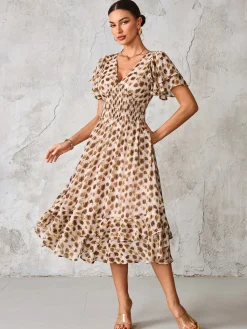 Jolie Moi Occasion Dresses|Animal Print Dresses-Frill Hem Chiffon Midi Dress, Brown Animal