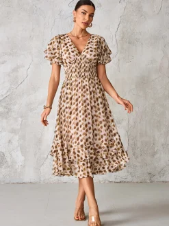 Jolie Moi Occasion Dresses|Animal Print Dresses-Frill Hem Chiffon Midi Dress, Brown Animal