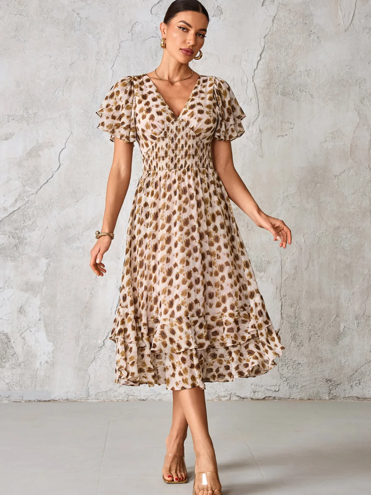 Jolie Moi Occasion Dresses|Animal Print Dresses-Frill Hem Chiffon Midi Dress, Brown Animal