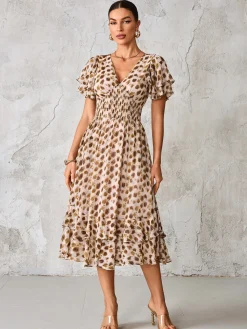 Jolie Moi Occasion Dresses|Animal Print Dresses-Frill Hem Chiffon Midi Dress, Brown Animal