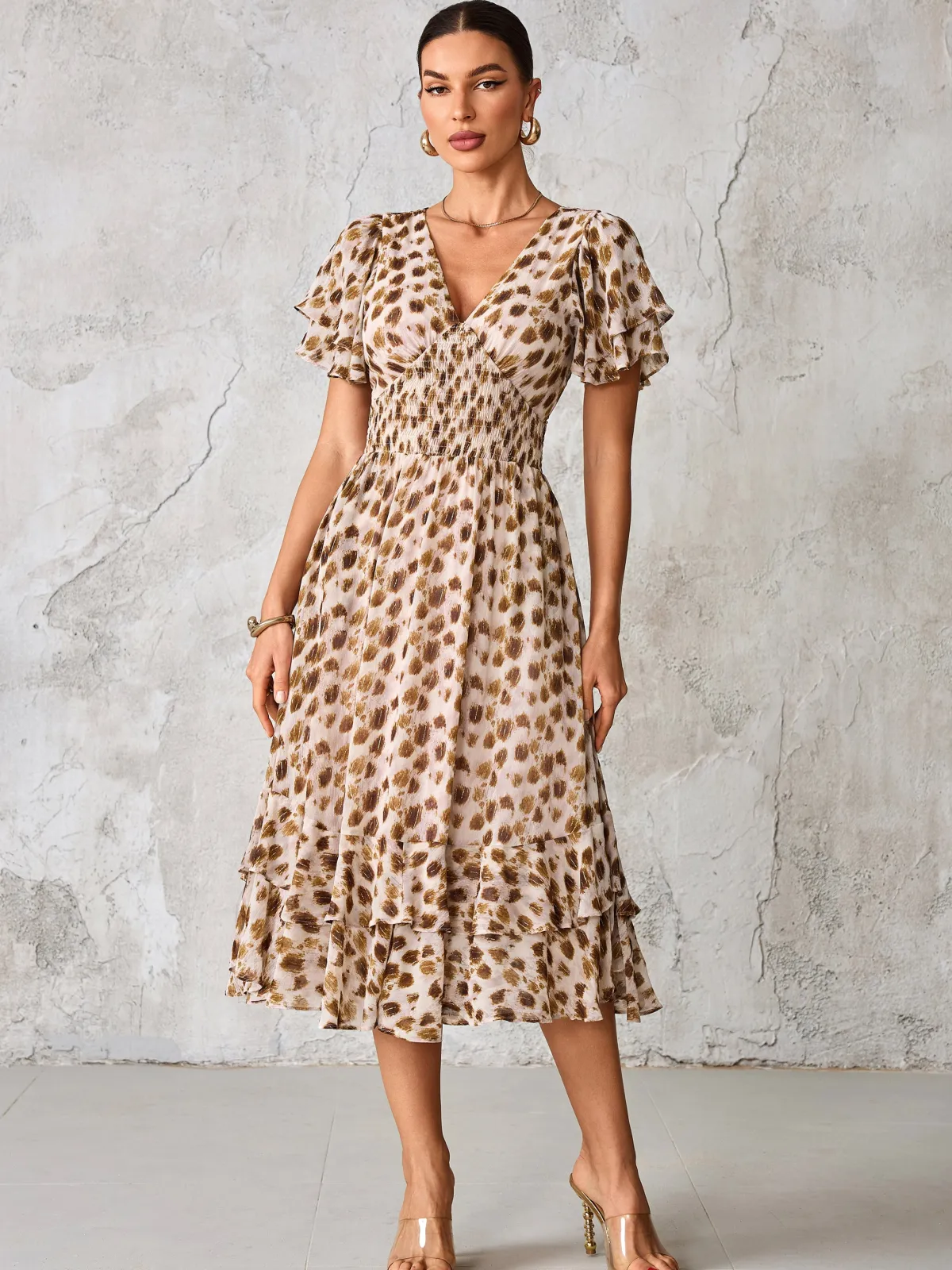 Jolie Moi Occasion Dresses|Animal Print Dresses-Frill Hem Chiffon Midi Dress, Brown Animal